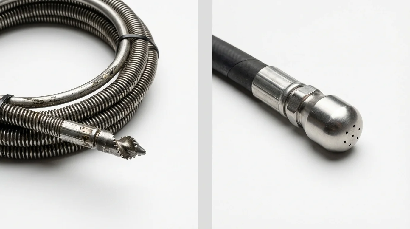 Drain snake cable and hydro jetting nozzle used for drain cleaning in Plymouth, WI