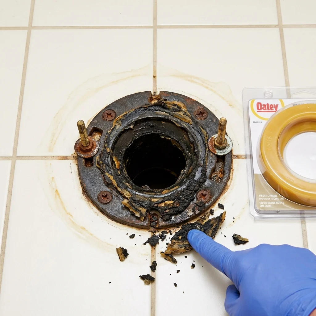 Failed wax ring showing water seepage at the base of a toilet in a Plymouth, WI home