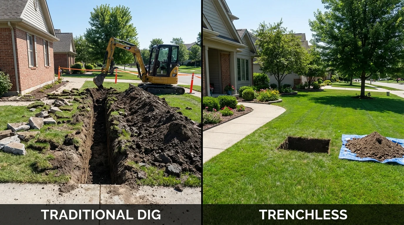 Trenchless sewer repair with minimal yard damage versus traditional excavation in Plymouth, WI