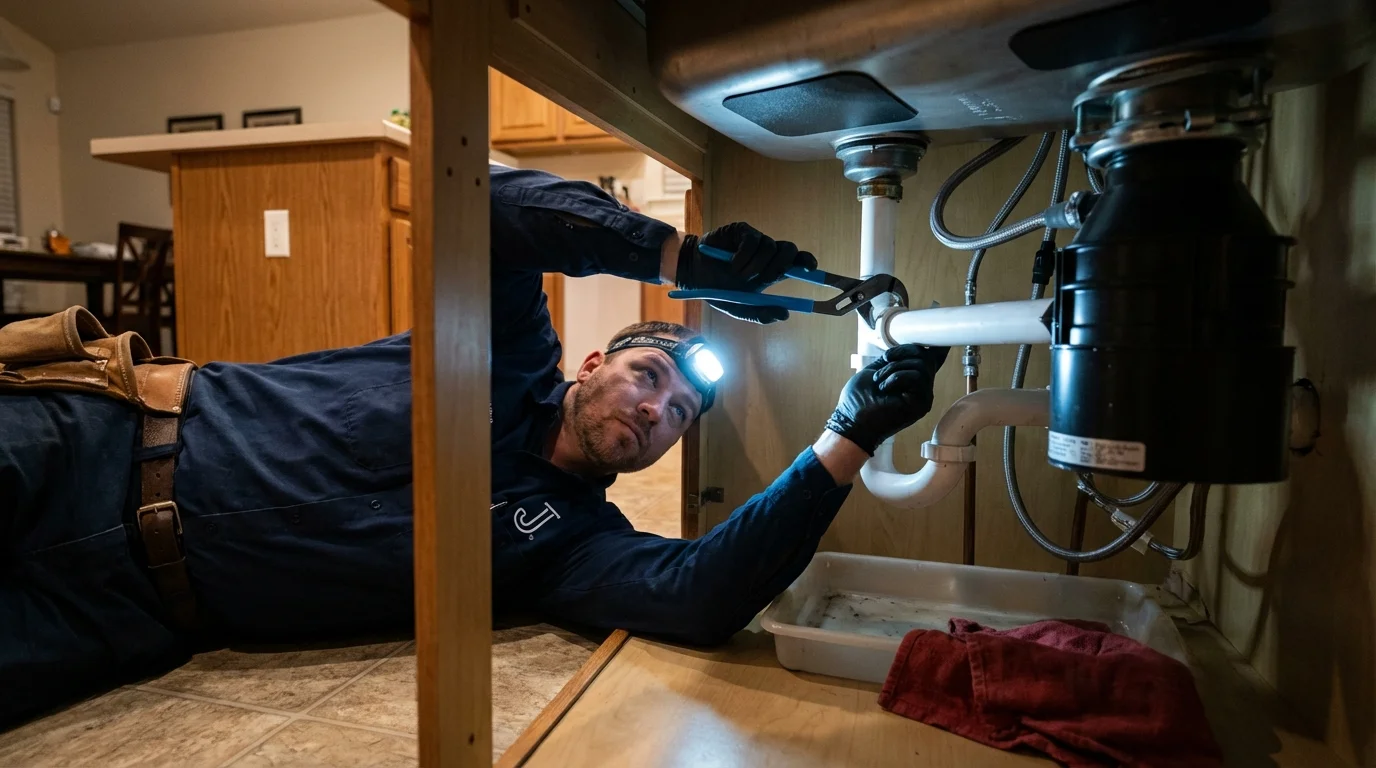 P-trap and supply line connections under a kitchen sink showing a common leak point in Plymouth, WI